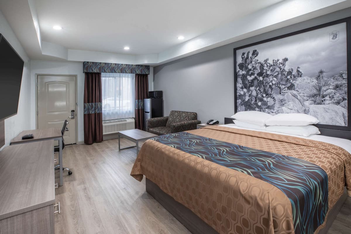 Habitación de hotel con una cama grande, un escritorio, una silla, un televisor y un cuadro en la pared.