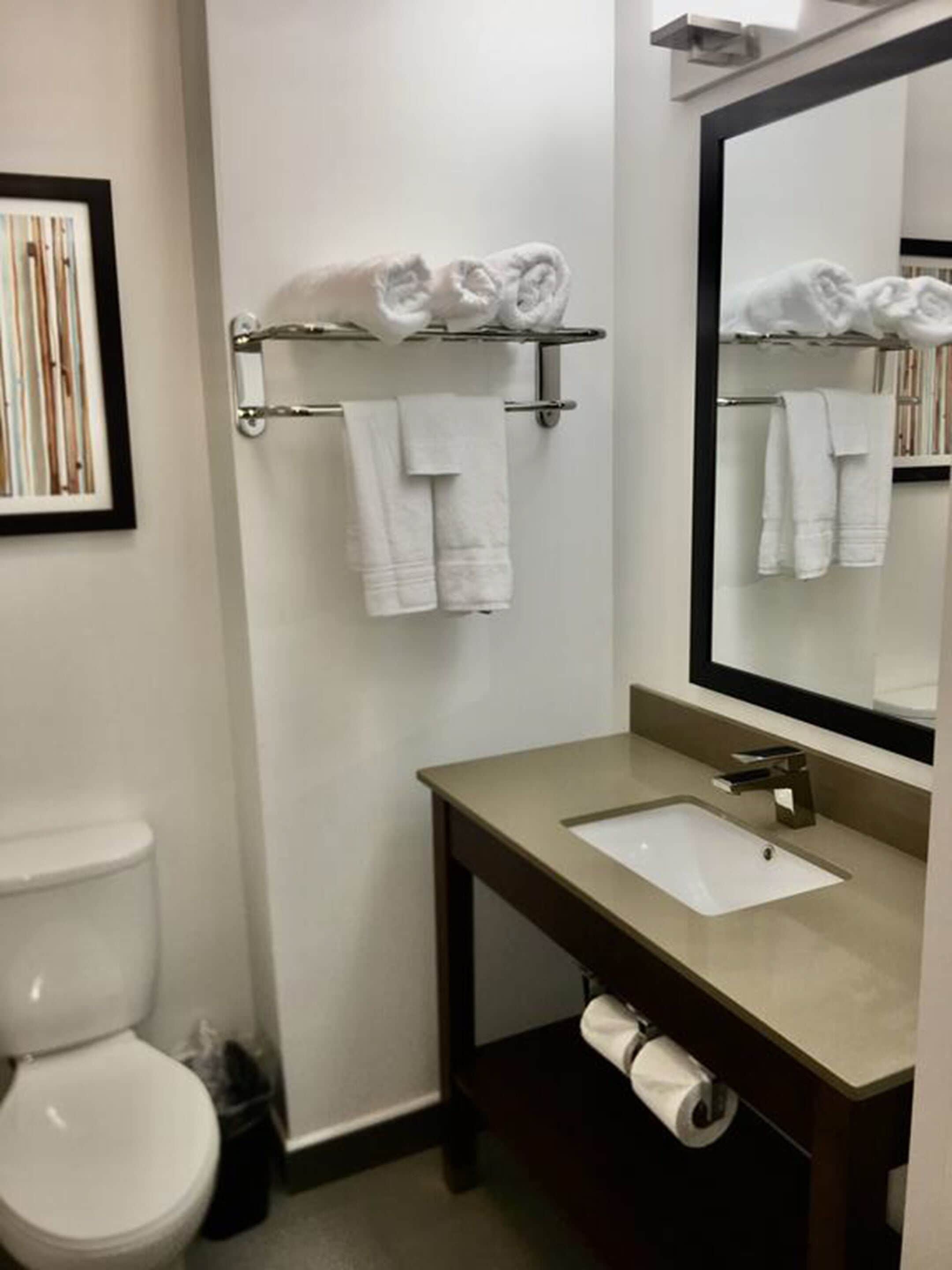 combined shower/bathtub, hair dryer, towels, soap