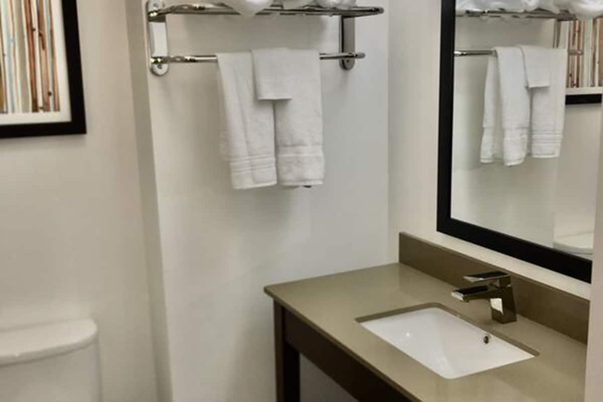 combined shower/bathtub, hair dryer, towels, soap