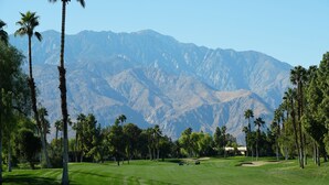 A golf course with a mountain backdrop, surrounded by palm trees and a clear sky.