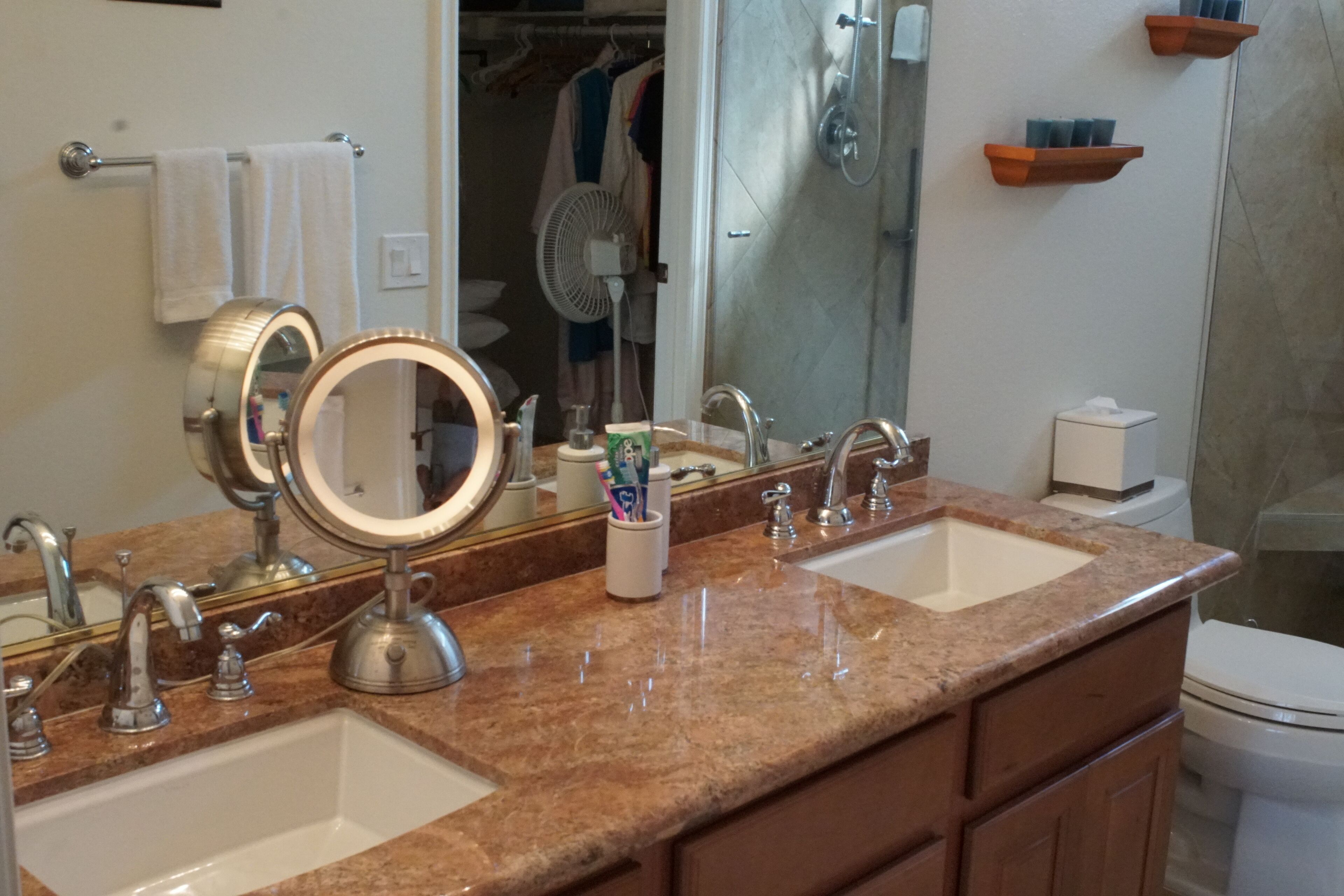 Combined shower/tub, hair dryer, towels, soap