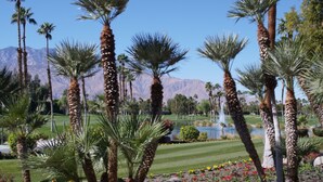 A landscaped area with palm trees, a golf course, and a mountain in the background.