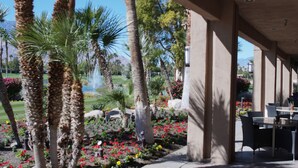 An outdoor patio area with palm trees, a fountain, and a seating area with tables and chairs.