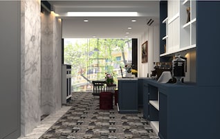 A modern kitchen with a marble backsplash, a dining area with a view, and a large window.