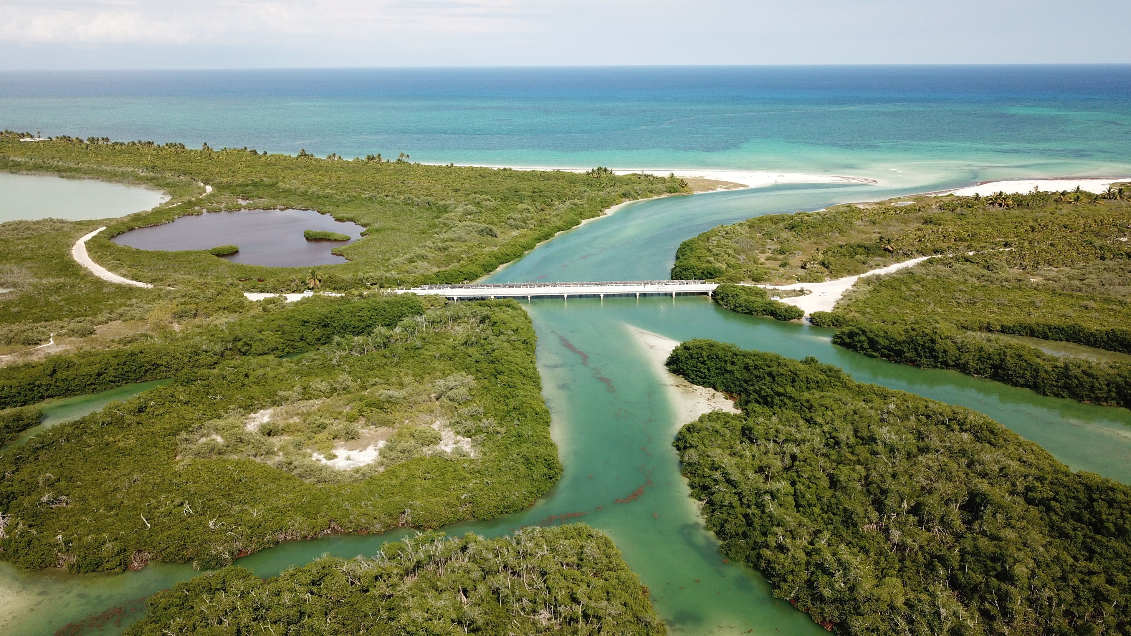An aerial view of a coastal area with a bridge connecting two land masses, surrounded by dense greenery and clear blue waters.