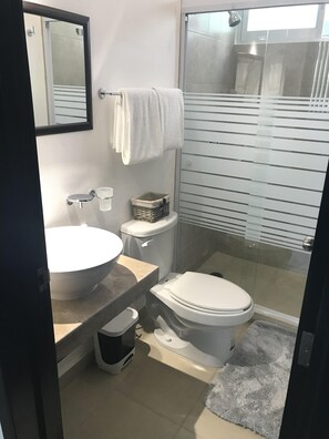 Regadera, secadora de cabello, toallas, jabón