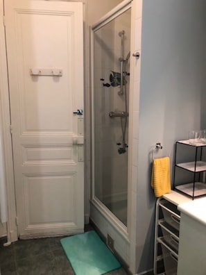 Bathtub, hair dryer, towels, toilet paper