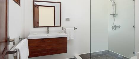A modern bathroom with a glass-enclosed shower, a wooden vanity, and a mirror above the sink.