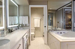 Shower, jetted tub, towels, soap