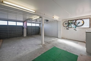 A spacious indoor parking area with a green mat on the floor, a bicycle mounted on the wall, and a large window providing natural light.