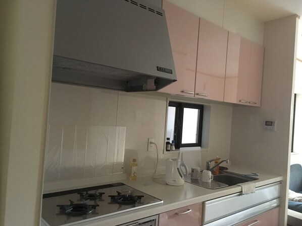 Fridge, microwave, stovetop, electric kettle