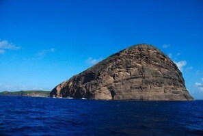 Un'isola grande e rocciosa con una cima imponente, circondata da acque oceaniche blu intenso.