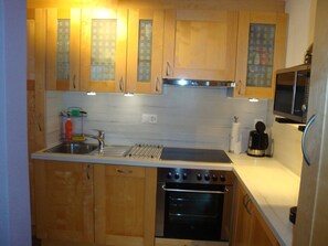 Fridge, oven, dishwasher, cookware/dishes/utensils