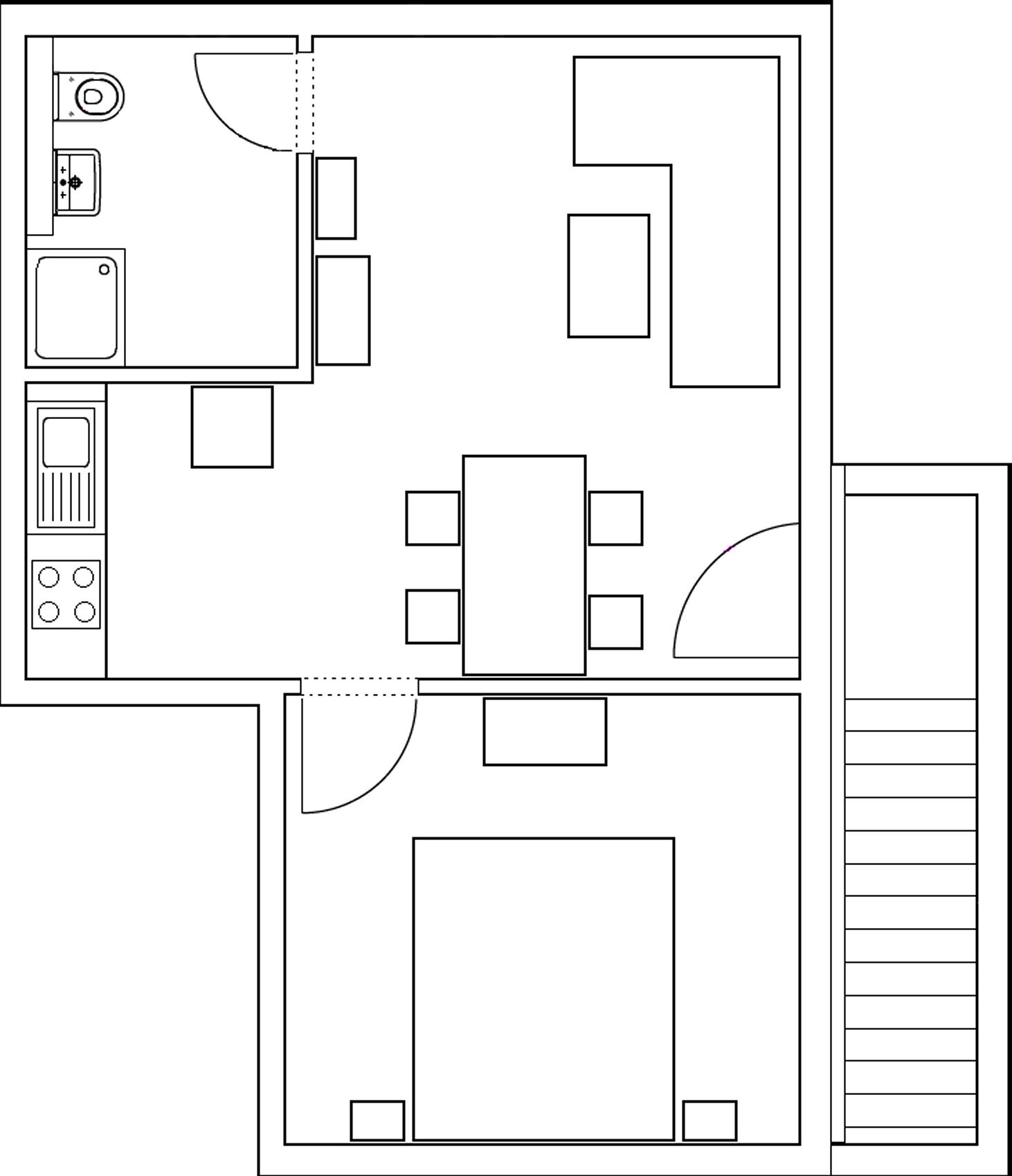 A floor plan with a kitchen, dining area, and a large living room.