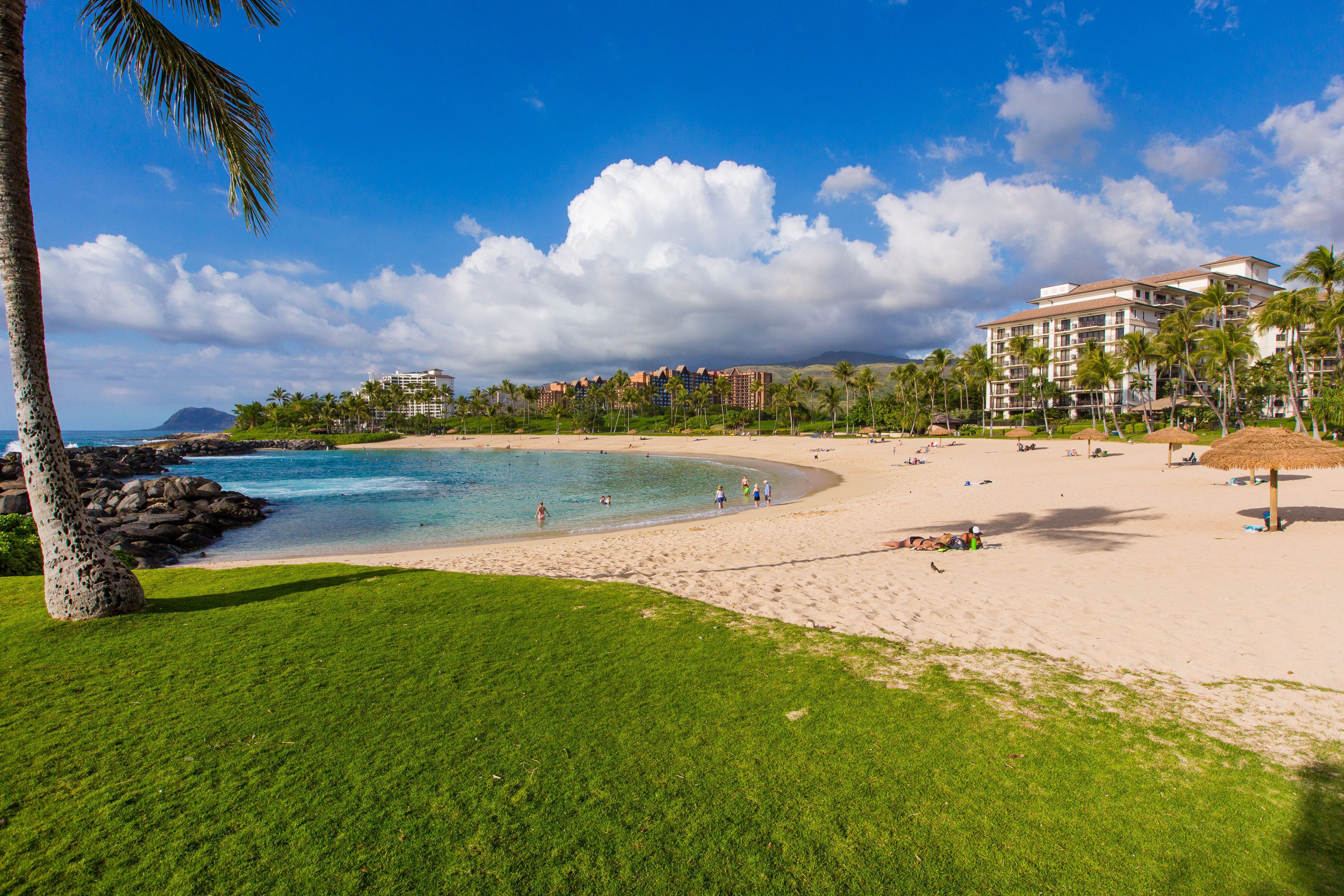 On the beach, sun loungers, beach towels
