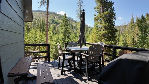 A wooden deck with a table and chairs, overlooking a forested area with a mountain in the background.
