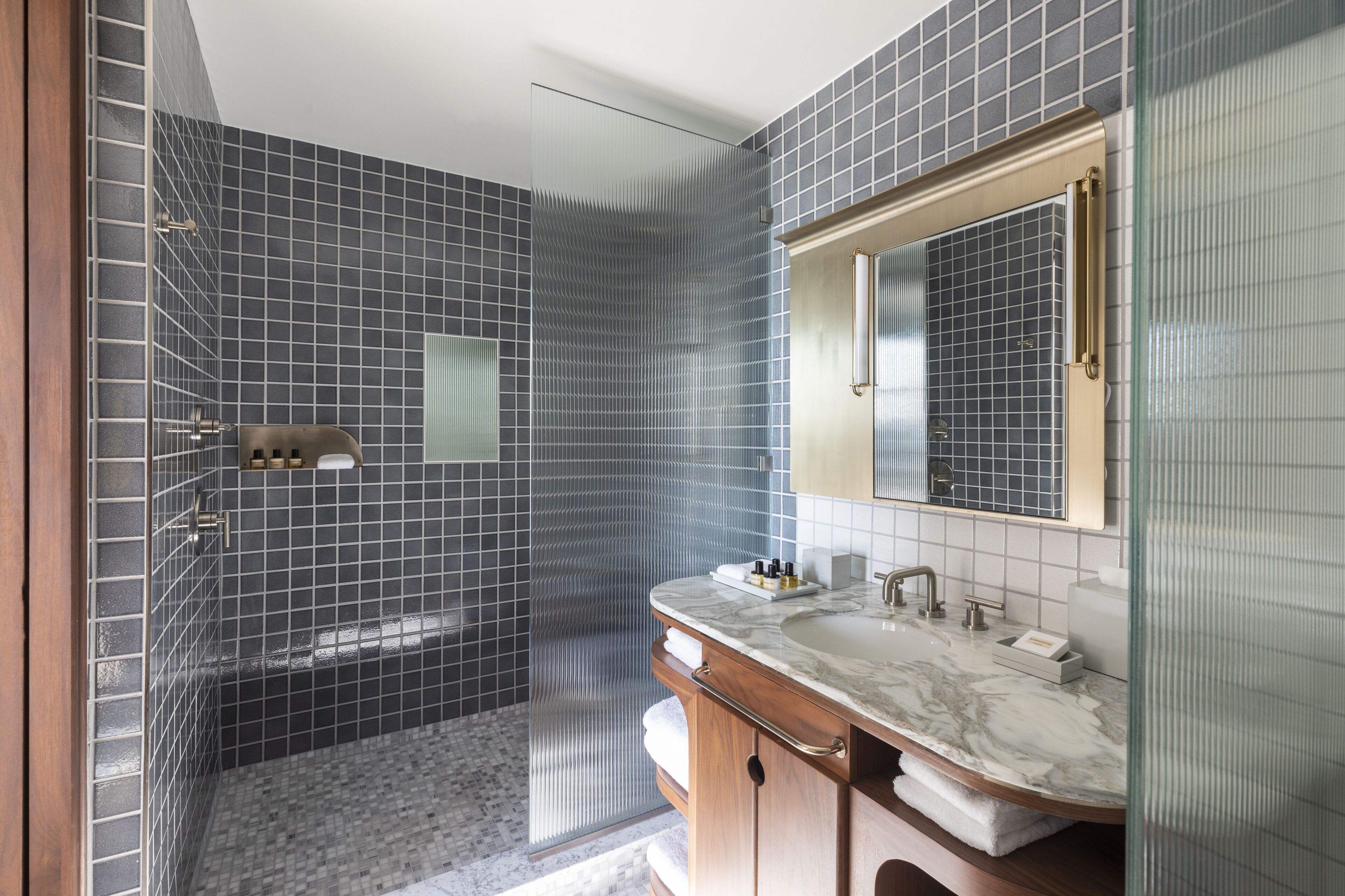 shower, designer toiletries, hair dryer, bathrobes