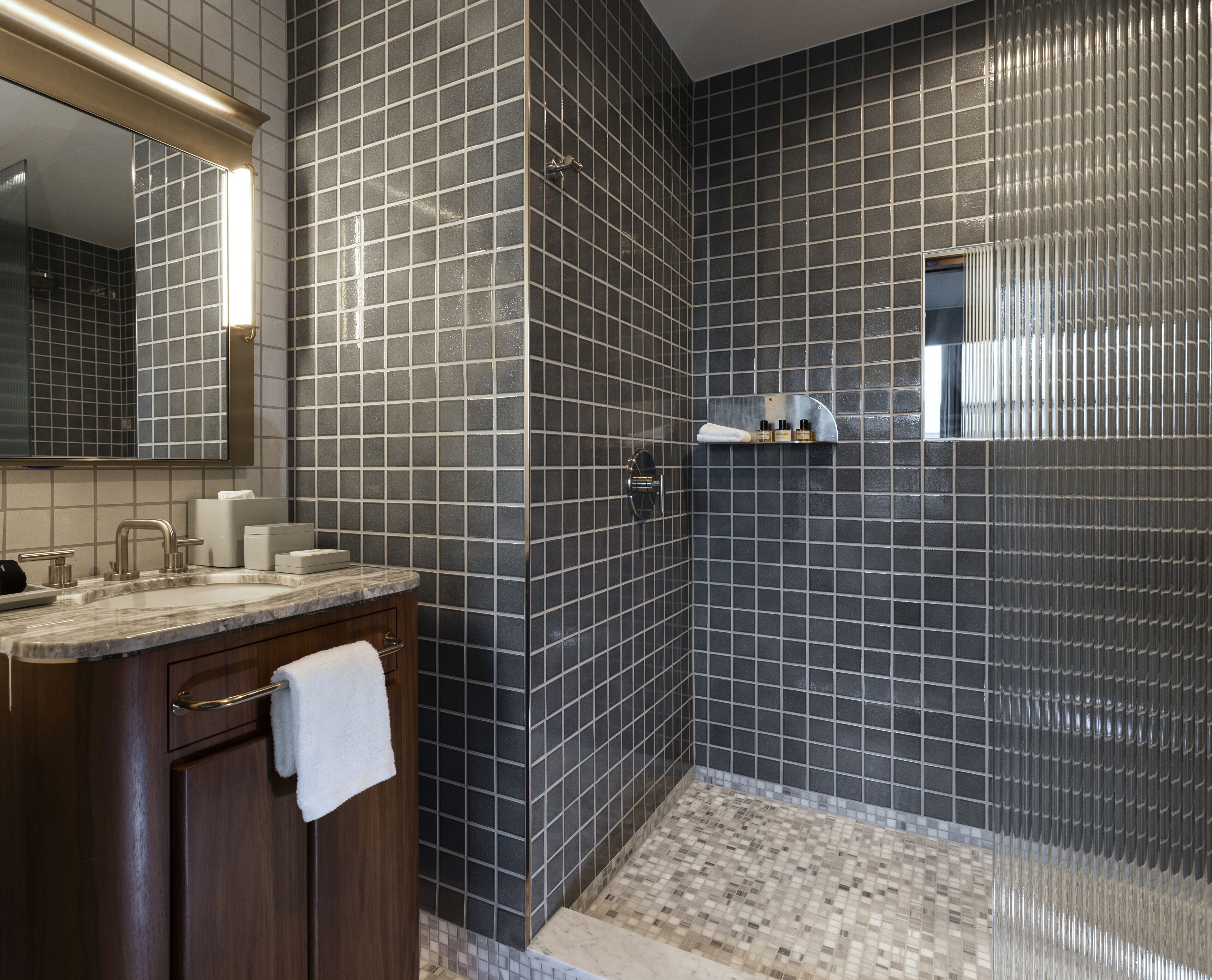 shower, designer toiletries, hair dryer, bathrobes