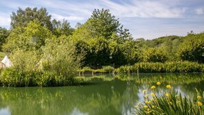 Een rustige oever met tenten en een helder uitzicht op het weelderige groen eromheen.
