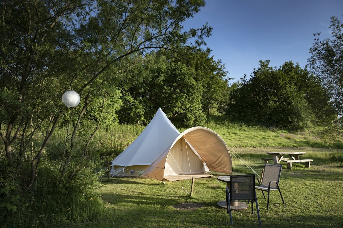 Ein Campingplatz mit zwei Zelten, einem Picknicktisch und Stühlen.