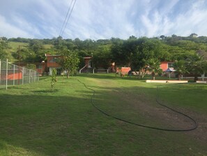 A grassy outdoor area with a hose, a fence, and a building with a red roof.