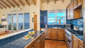 Una cocina con armarios de madera, un salpicadero de azulejos azules y vistas al océano a través de amplias ventanas.