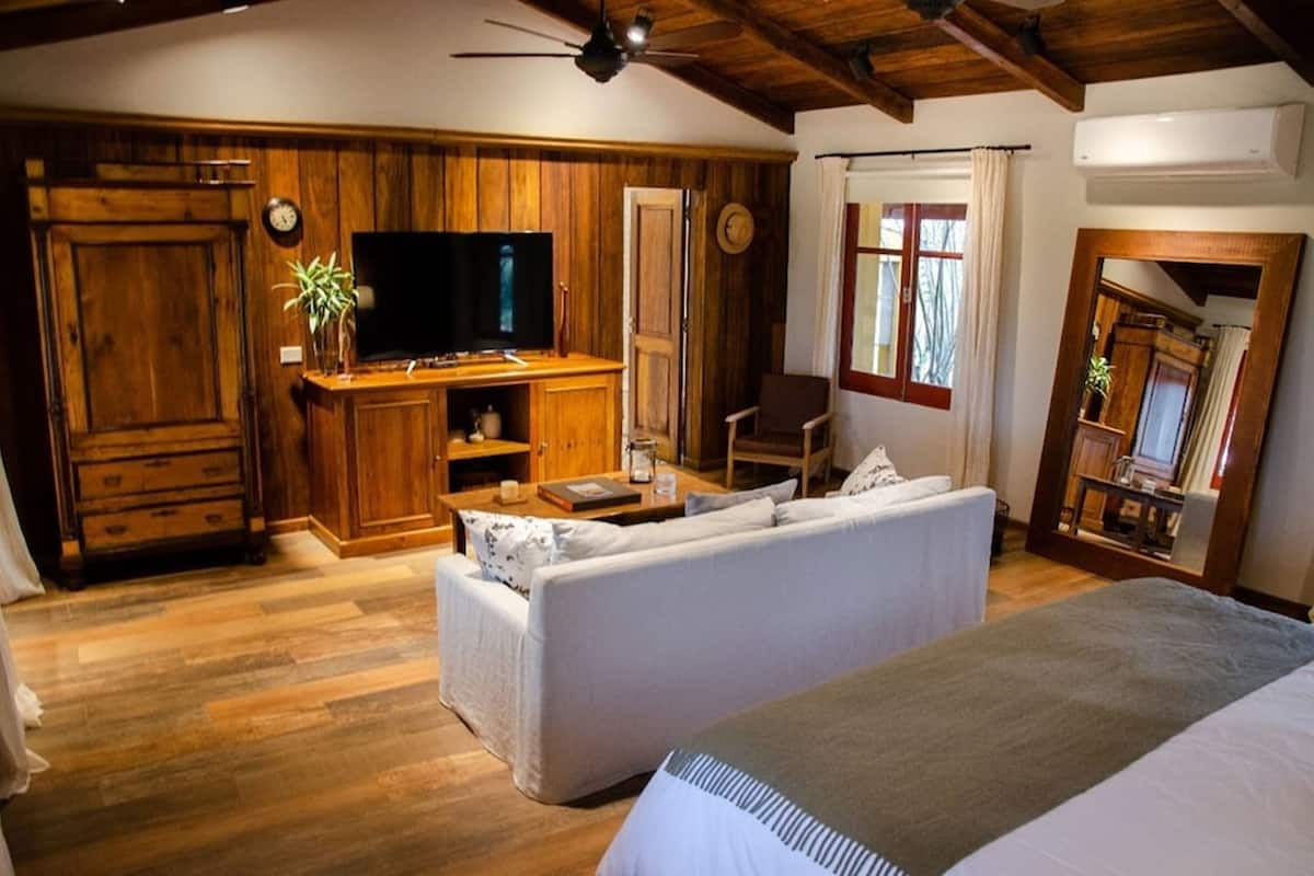 A room with a wooden ceiling, a television, a sofa, a bed, a desk, and a mirror.