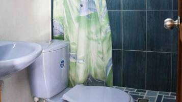 Shower, rainfall showerhead, hair dryer, towels