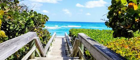 Vlak bij het strand, ligstoelen aan het strand, strandlakens