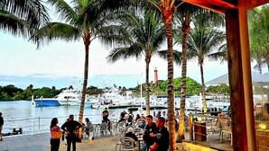 Un puerto deportivo con barcos amarrados, palmeras y gente reunida alrededor de mesas y sillas.