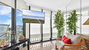 Un balcón con televisión, muebles de mimbre y plantas en macetas.