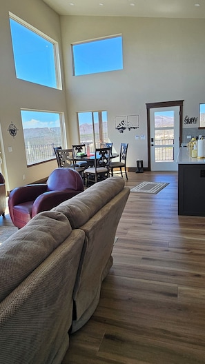Smart TV, fireplace, foosball