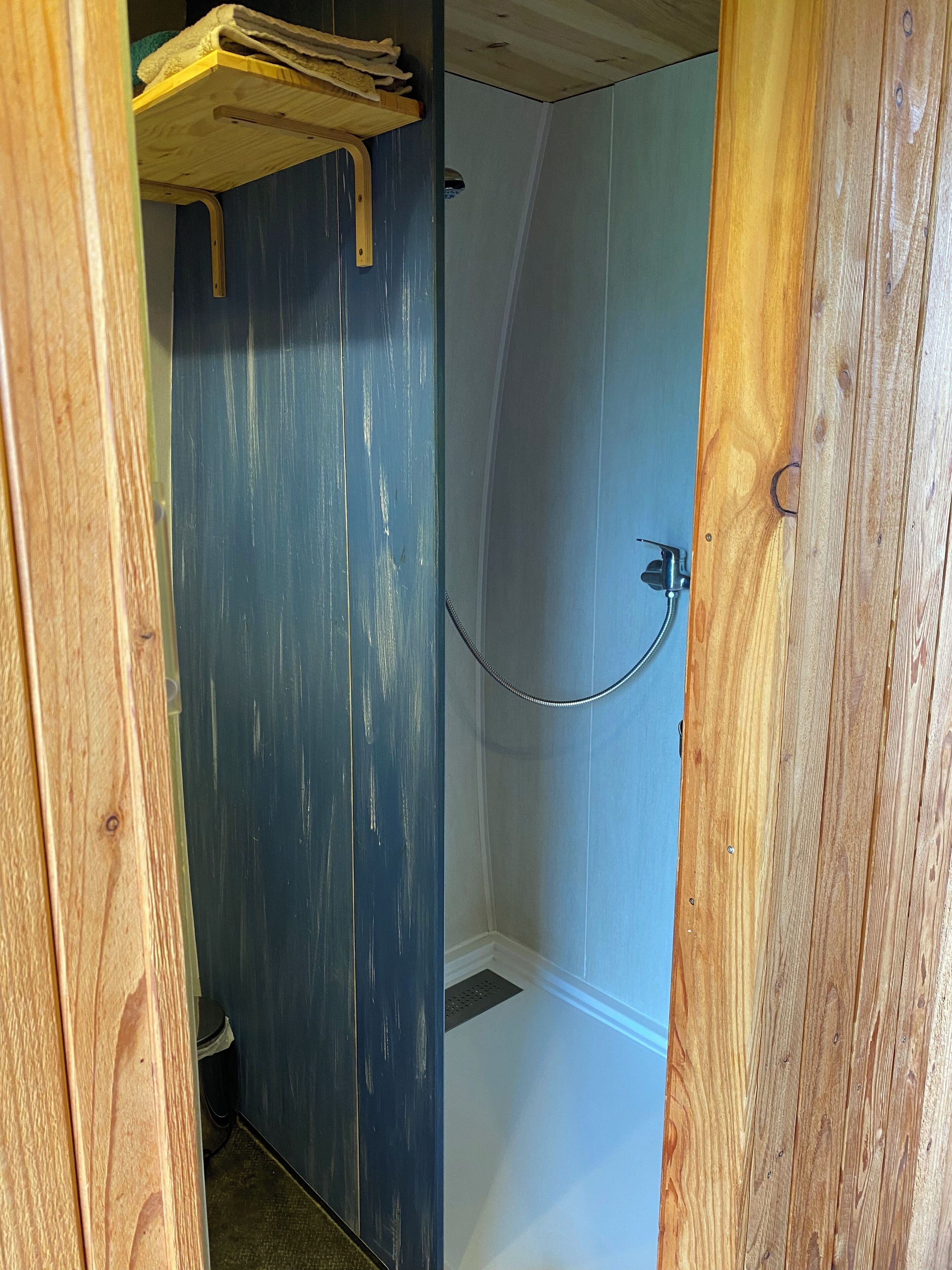 A narrow hallway with a wooden door leading to a bathroom.