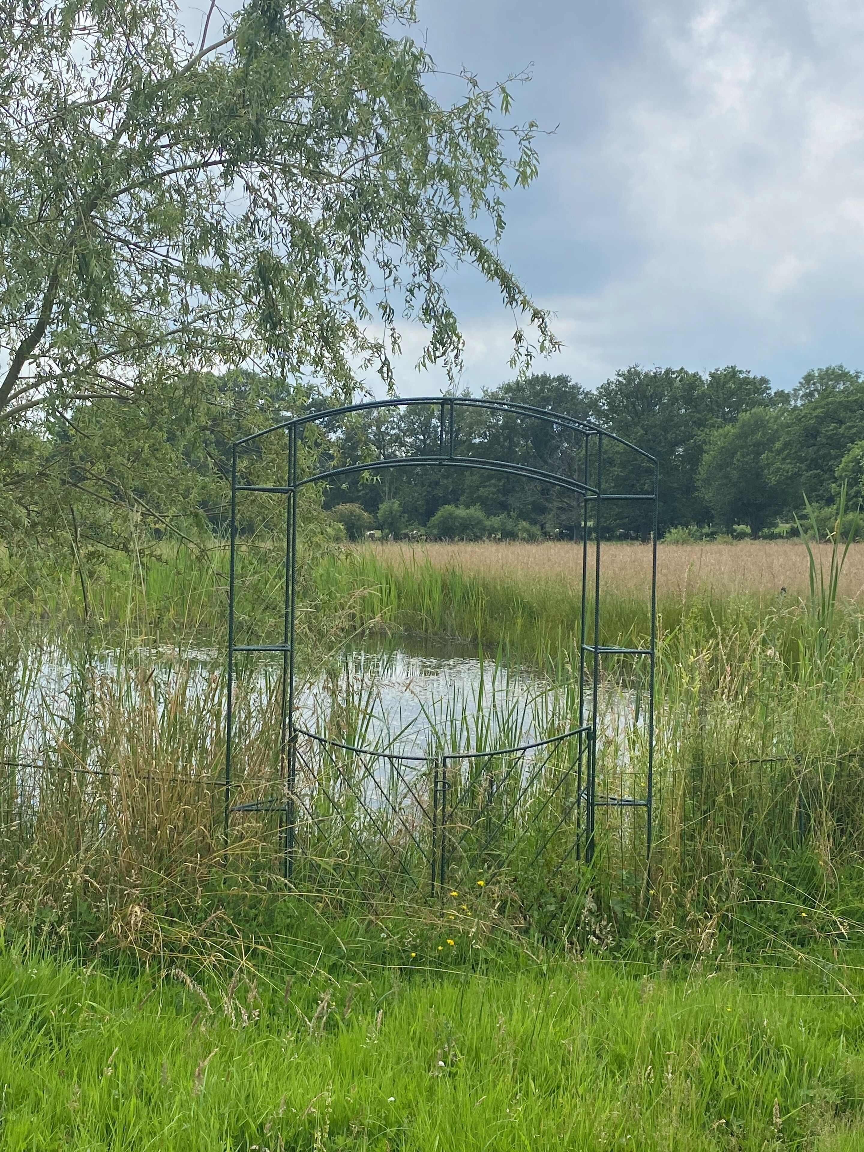 A metal structure in a natural setting with a pond and surrounding vegetation.