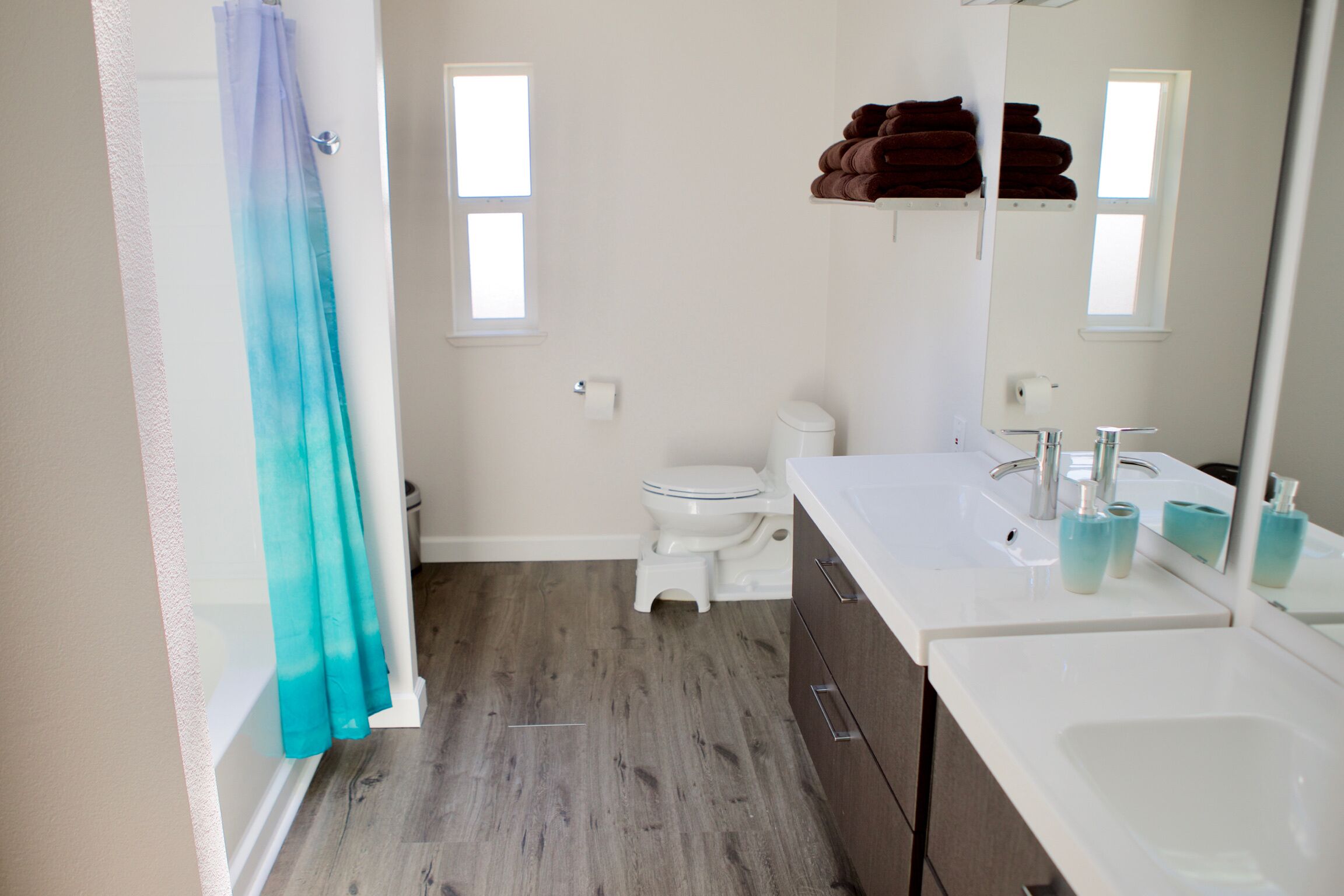 Hair dryer, towels, soap, shampoo