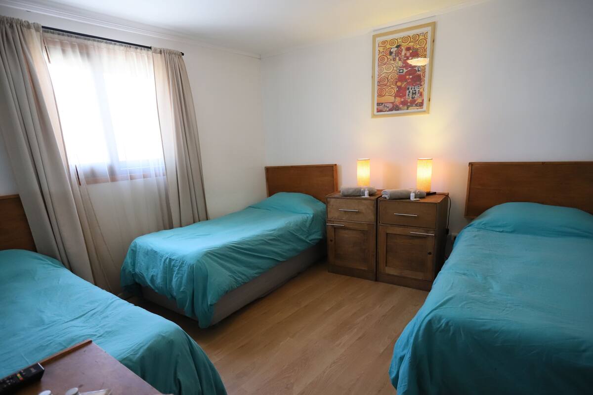 Habitación de hotel con dos camas individuales, una mesita de noche de madera con dos lámparas, un cuadro en la pared y una ventana con cortinas.