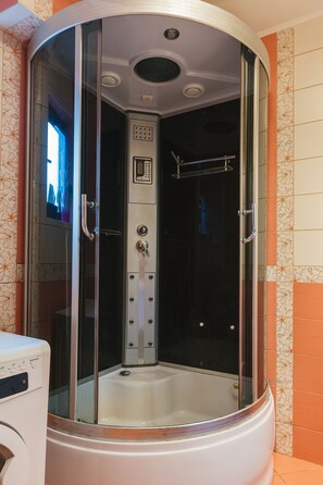Enjoy a refreshing shower experience with a handheld showerhead and control panel in this stylish bathroom.