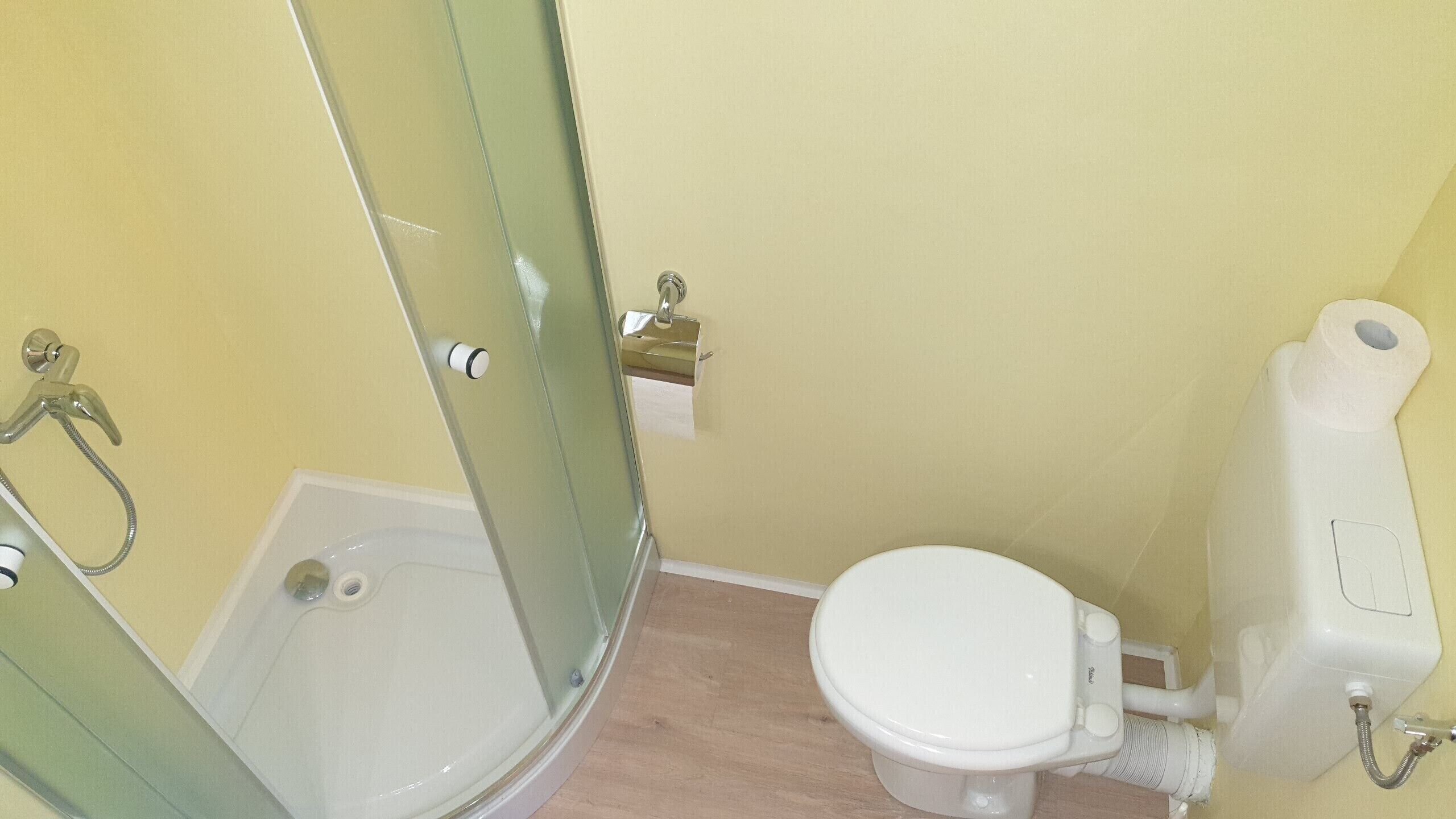 Et badeværelse med bruser, toilet og toiletpapirholder på væggen.