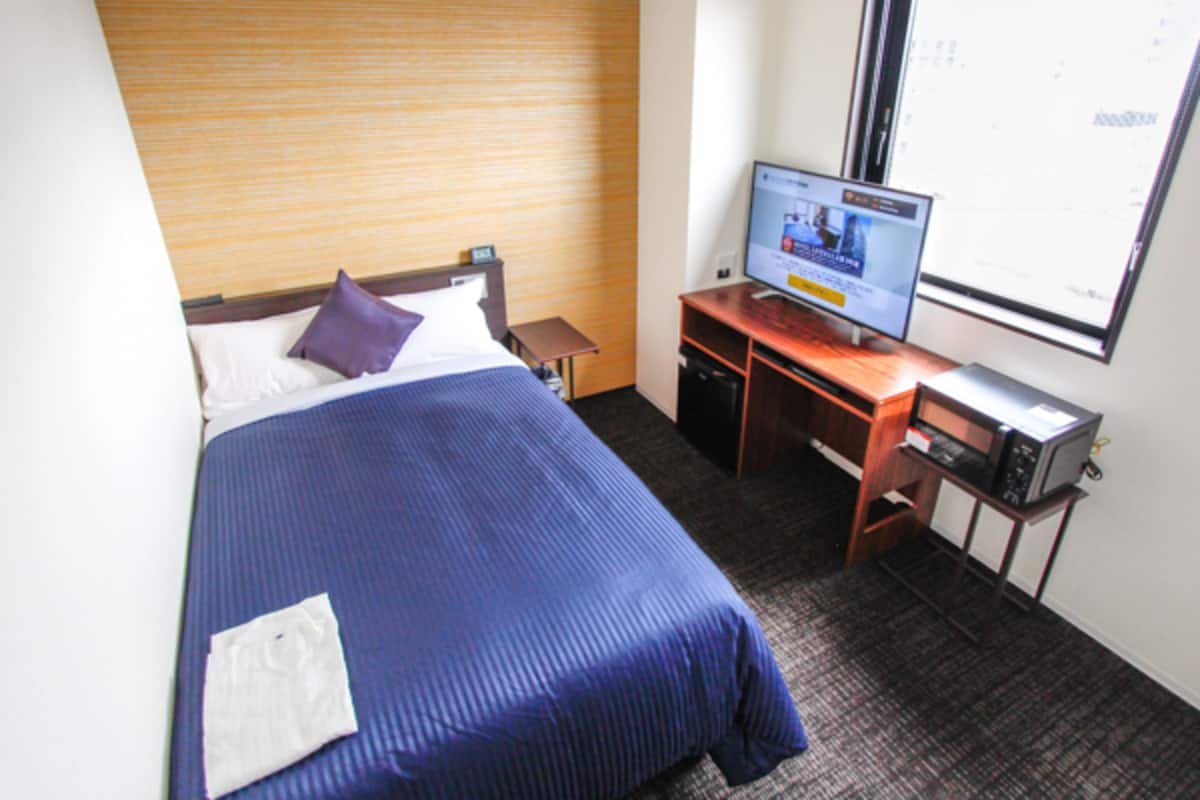 Una habitación de hotel con una cama, televisión, escritorio y ventana.
