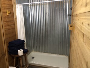 Regadera, toallas, papel de baño