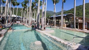 Un’area piscina con palme, un ponte e un edificio con una zona coperta.