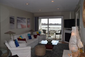 Smart TV, chimenea, reproductor de DVD y libros 