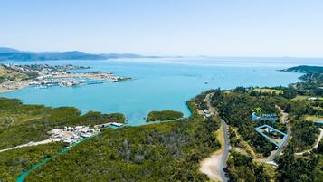 An aerial view of a coastal area with a marina, dense forest, and a clear sky.