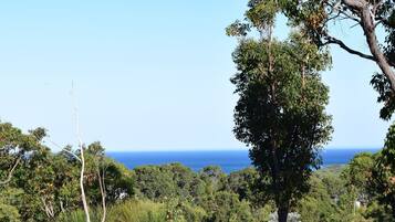 A coastal landscape with dense greenery and a clear view of the ocean.