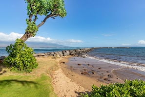 On the beach, sun-loungers, beach towels