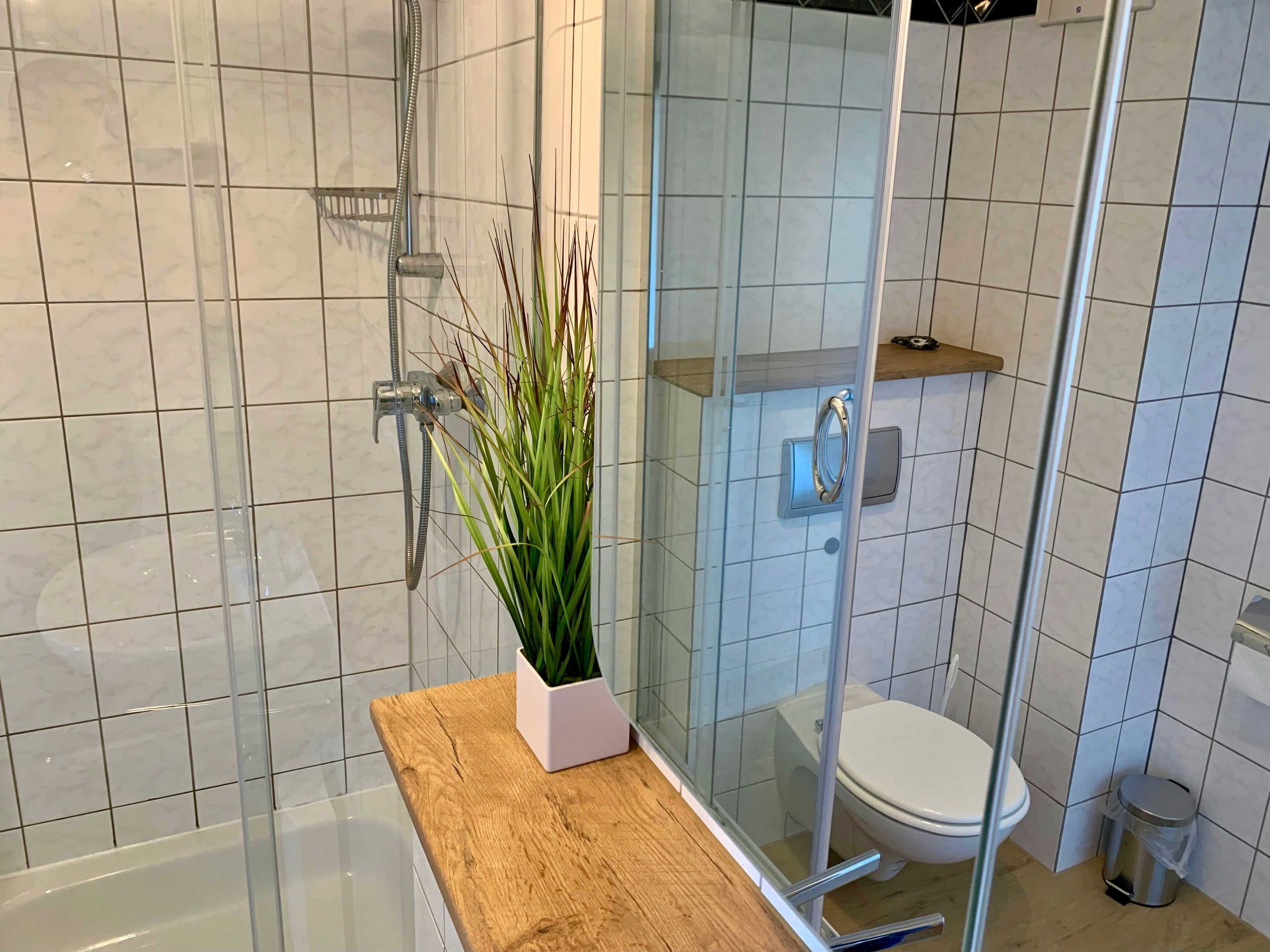 Een badkamer met een douchecabine van glas, een toilet, een prullenbak en een houten aanrecht met een plant in een pot.