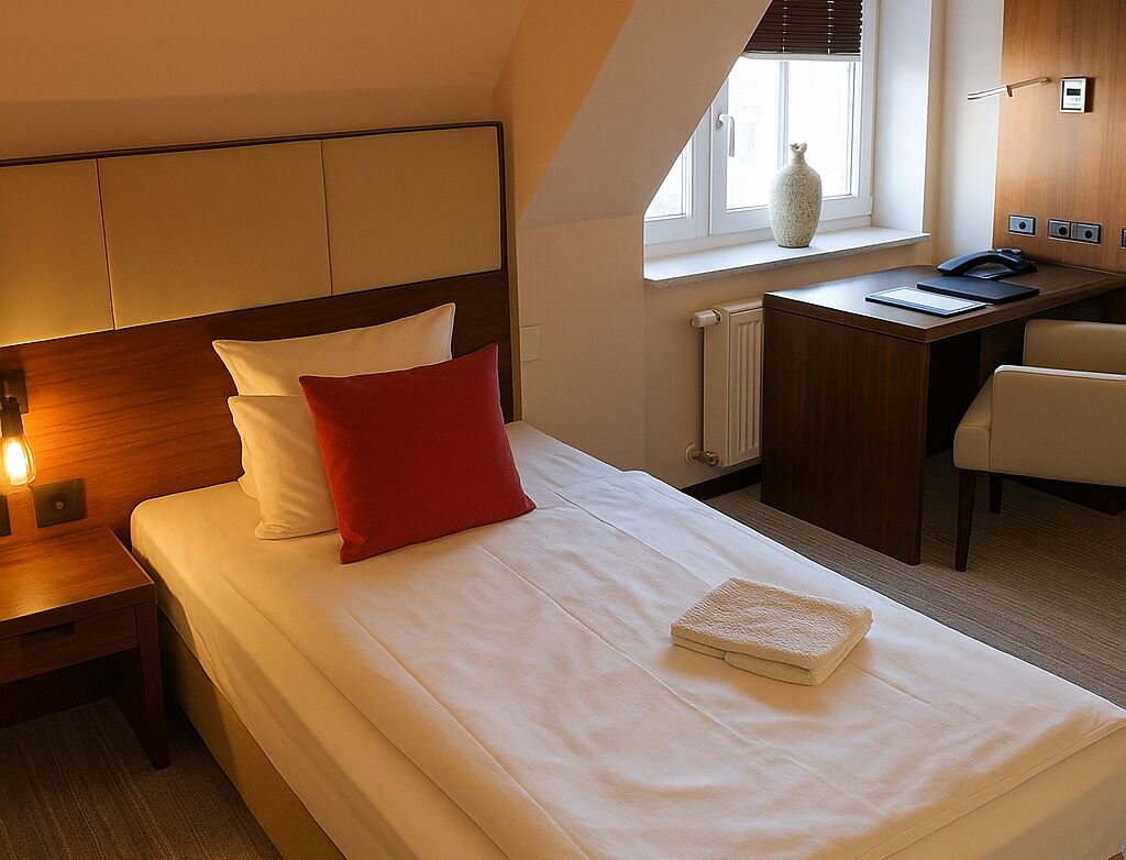 Una habitación de hotel con cama, escritorio y ventana.