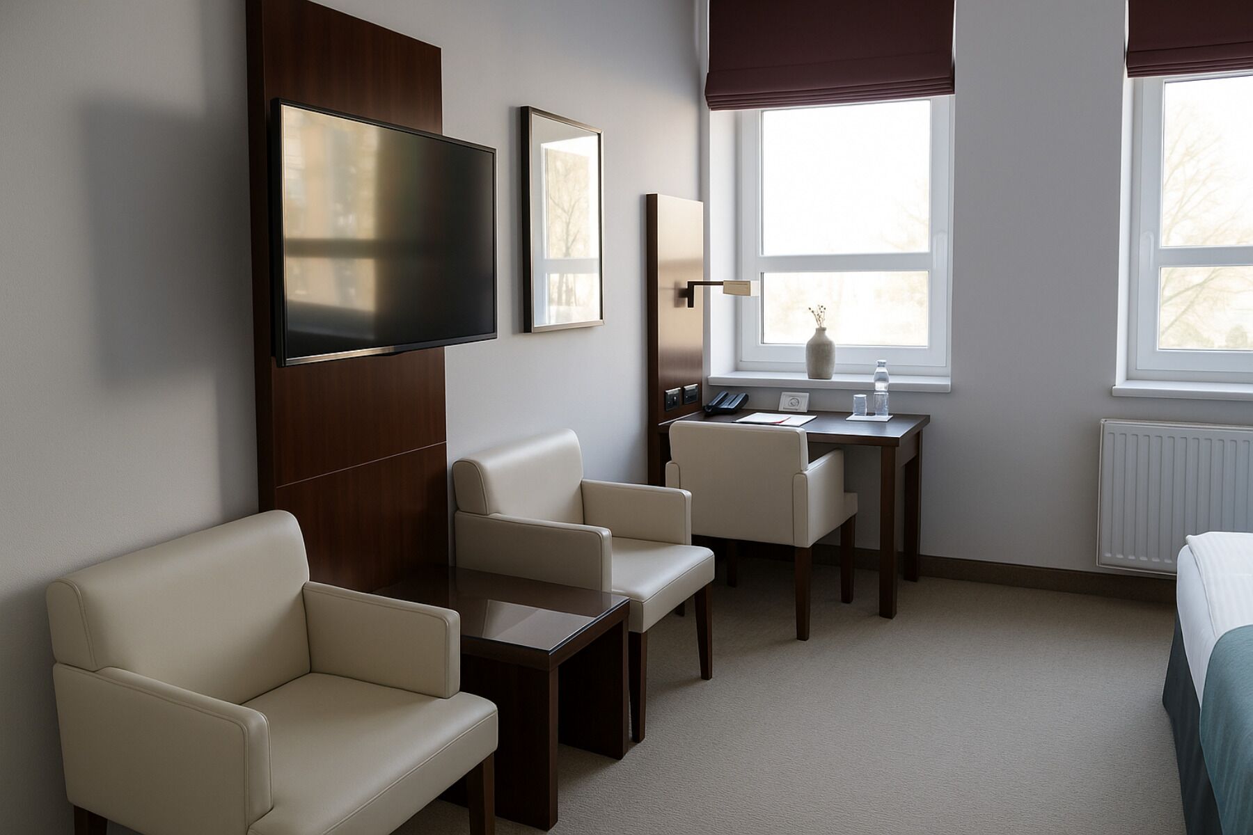 Une chambre d’hôtel équipée d’un téléviseur à écran plat, d’un bureau avec un téléphone et d’une chaise.