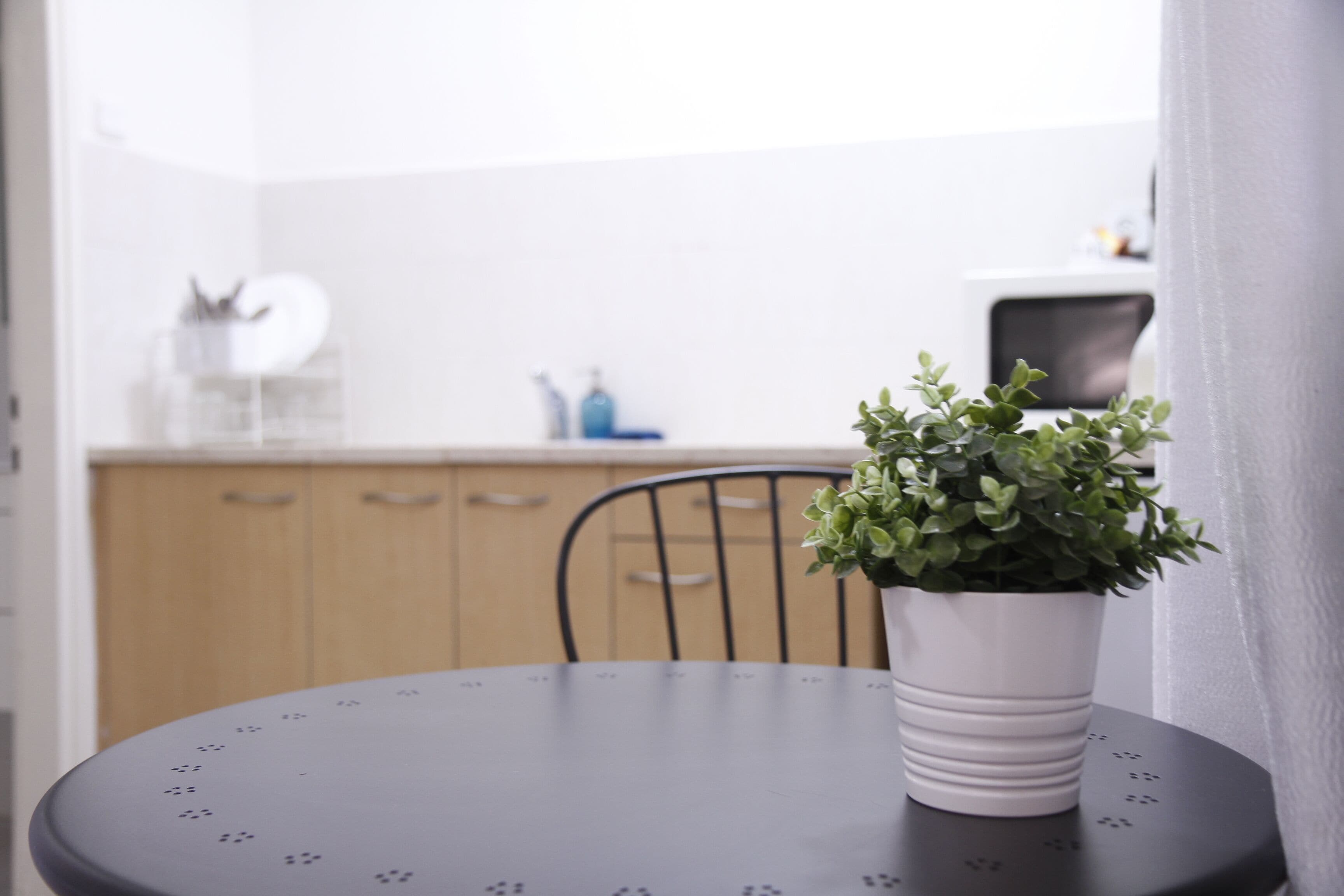 A round dining table with a potted plant, a chair, and a cabinet in the background.