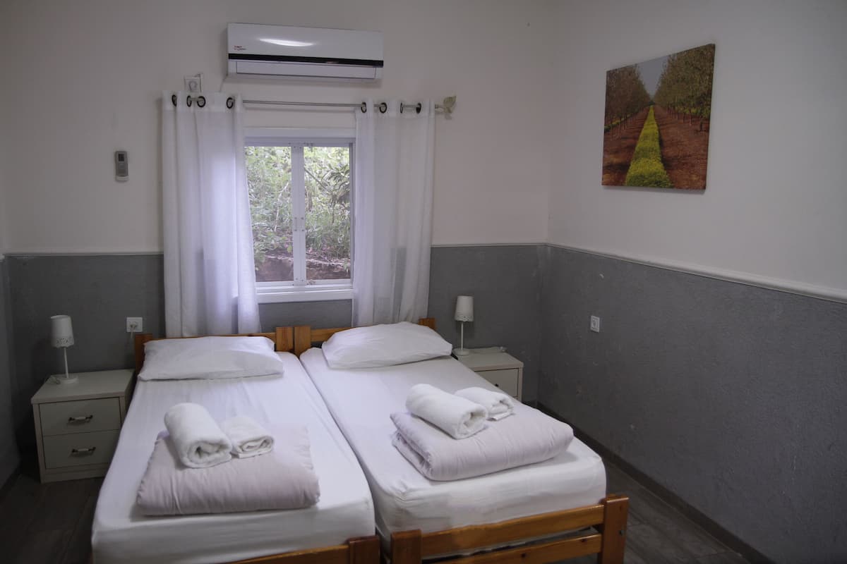 Una habitación con dos camas individuales, ropa de cama blanca, un ventanal con cortinas, aire acondicionado, una mesita de noche con lámpara y un cuadro en la pared.